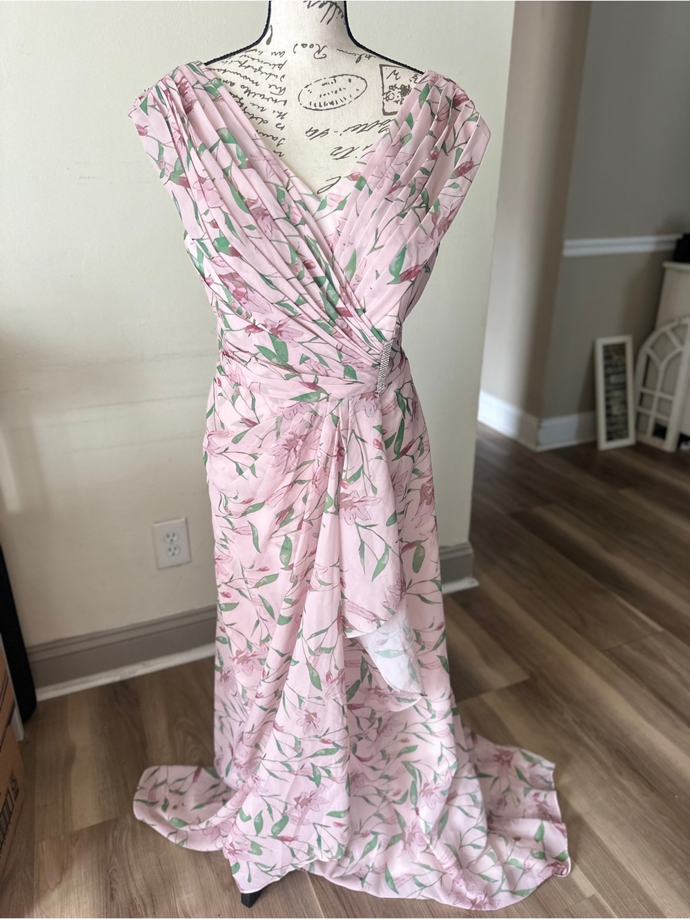 Pink Floral V-Neck Wrap formal dress